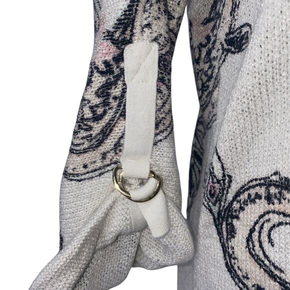 Chico’s V-Neck Sweater Size 2 / US Large White Floral Paisley 3/4 Tab Sleeves - Picture 2 of 6